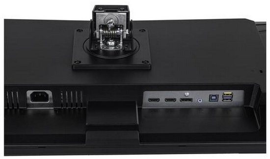 Achterkant van een zwarte monitor met diverse aansluitingen zoals HDMI, DisplayPort en USB. Inclusief stroomaansluiting.