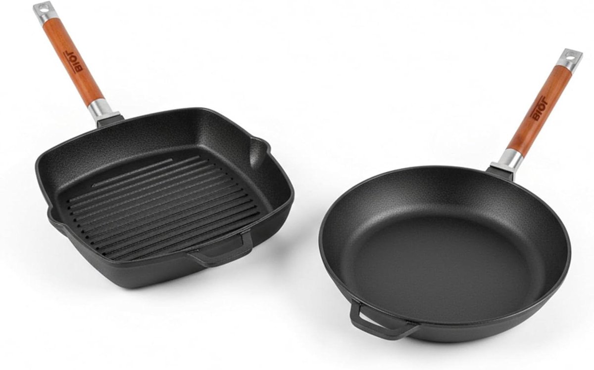 BIOL Gietijzeren pannenset + grillpan rond en vierkant (parent) (Set koekenpan 26 cm + grillpan 26 cm)