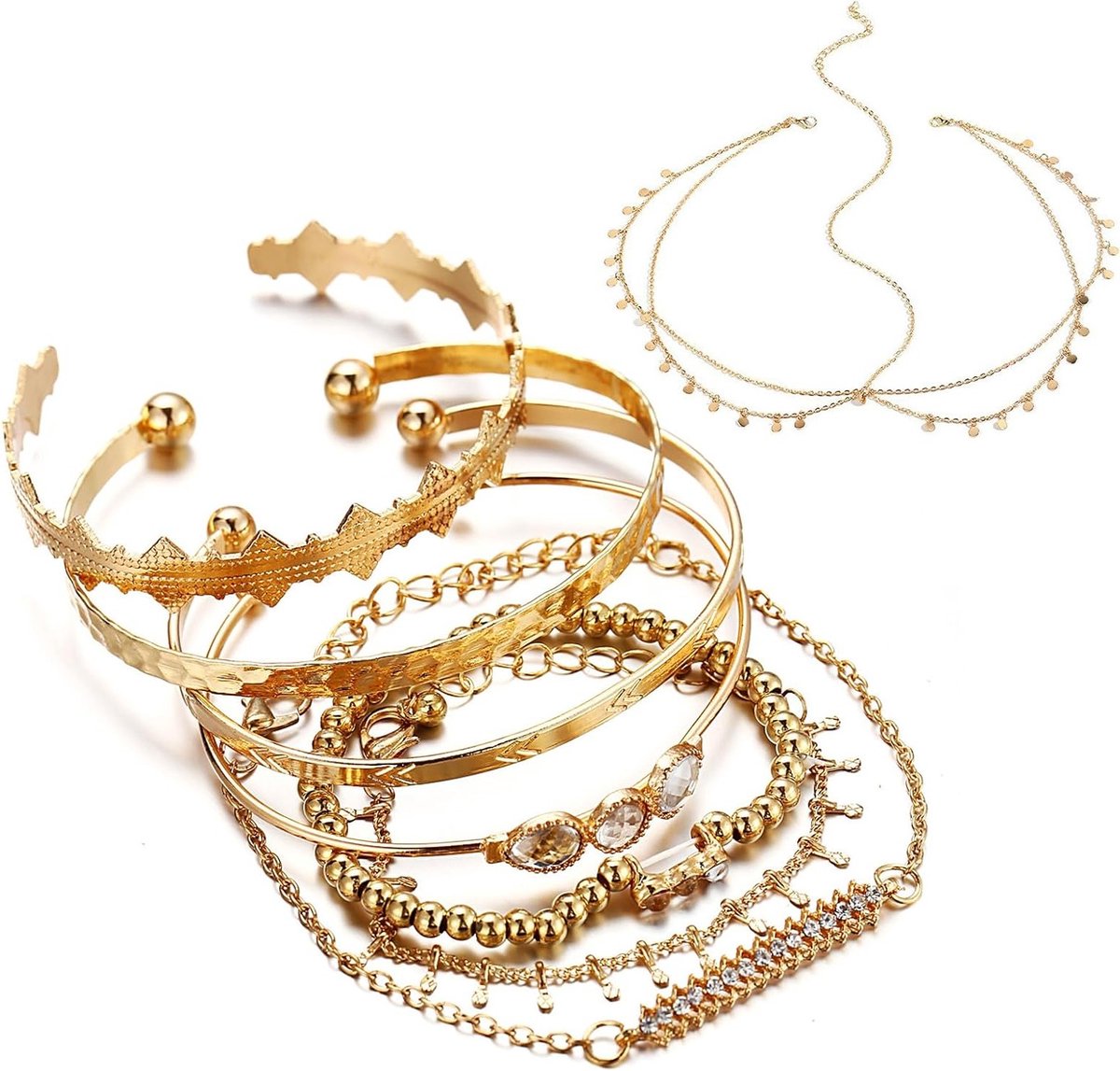 Set van 8 armbanden en 1 gouden hoofdband met ronde pailletten - verstelbare bohemian sieraden voor piratenkostuum, carnaval en Halloween feestjes
