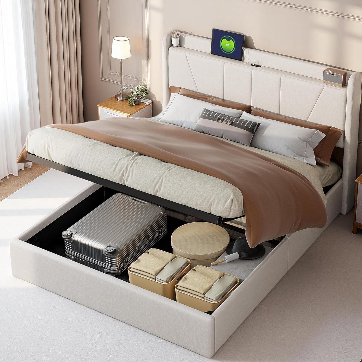 Gestoffeerd bed 140x200, tweepersoonsbed met hoofdeinde, opbergbed boxspringbed met hydrau