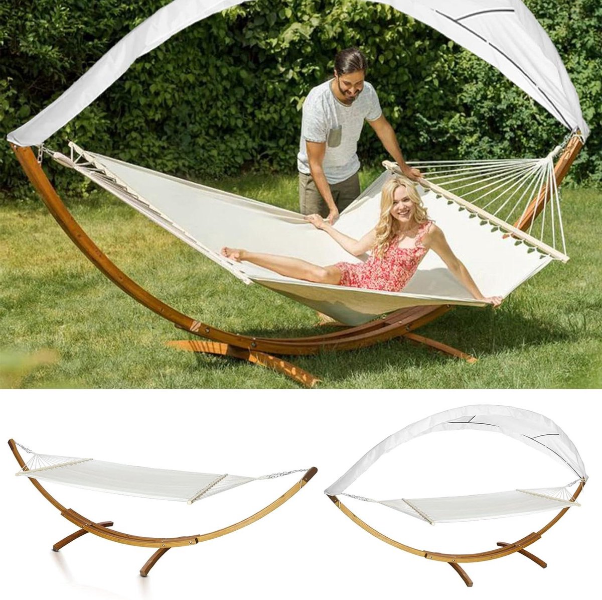Hangmat met frame - Buitenstoel - Ontspannen buiten - Afneembaar zonnedak - 200 x 150 cm - Beige