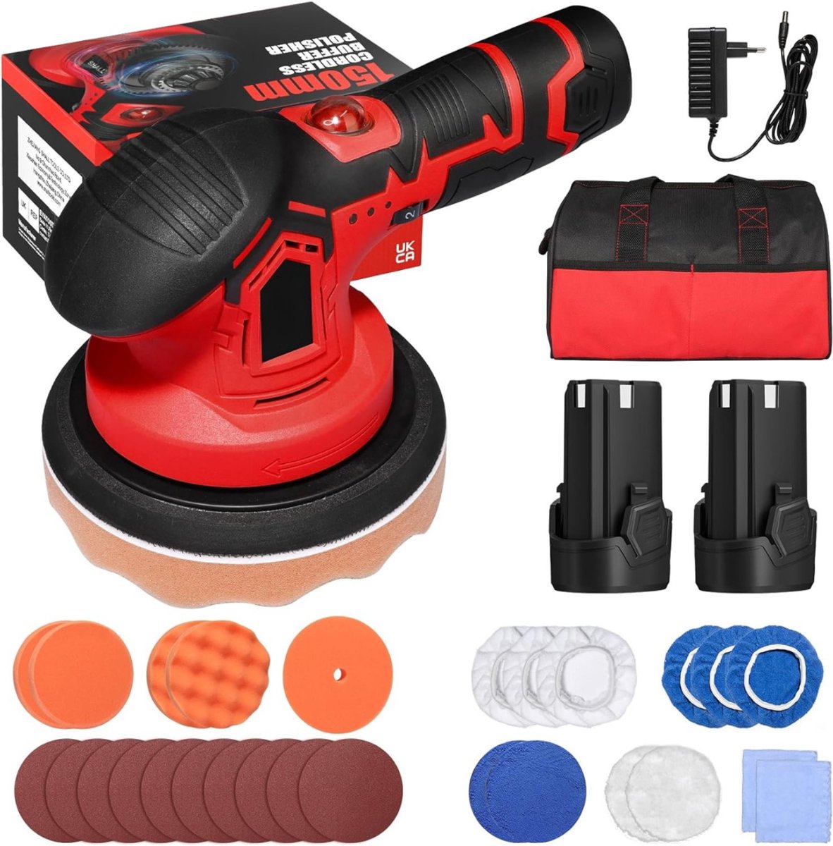 TIM® Polijstmachine Auto - Excentrische Polijstmachine - Polijstmachine - Inclusief Accessoires - Draadloos - Rood/Zwart - 35cm x 23cm x 19cm