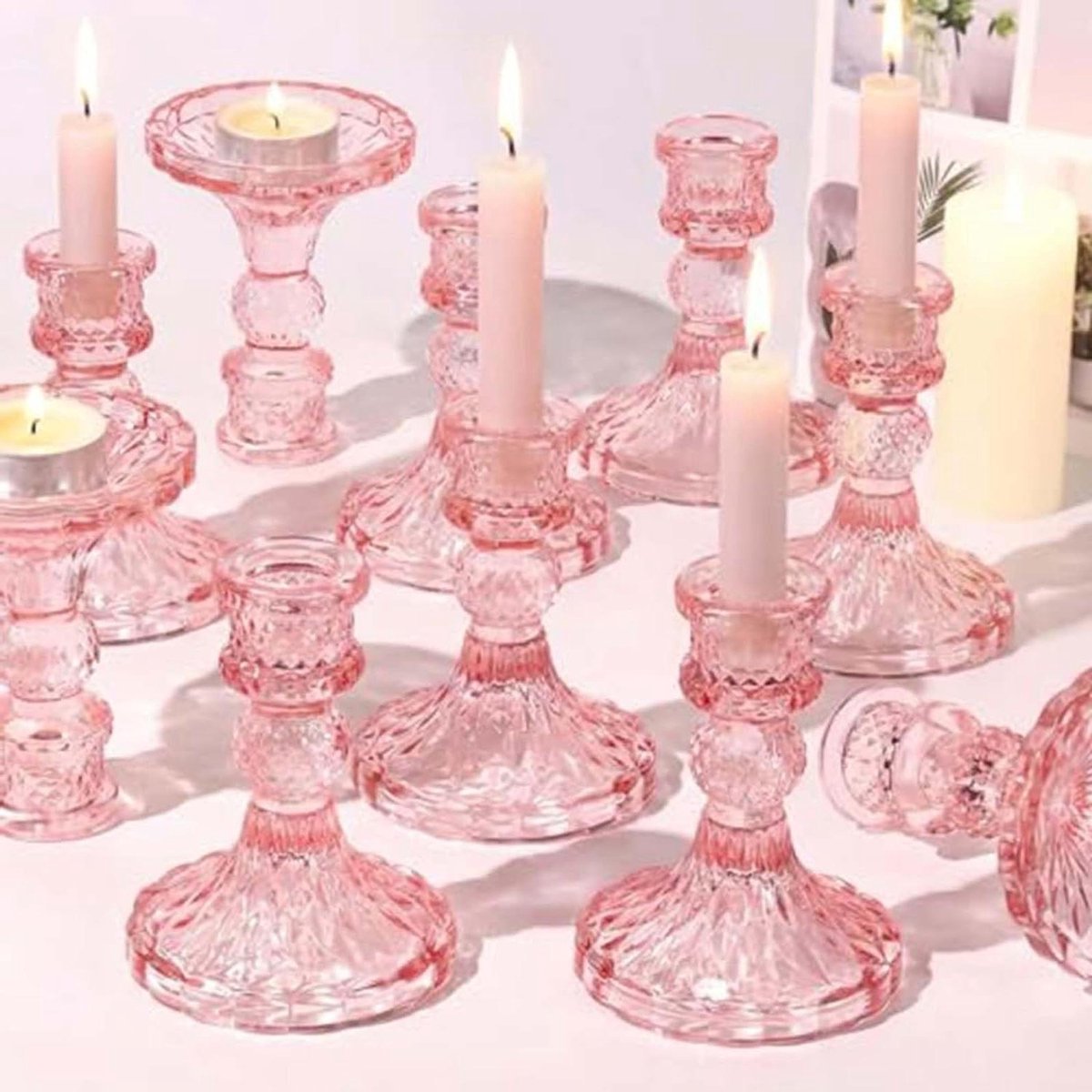 Glazen Kandelaars - Kaarshouders Set - Sfeervolle Decoratie - Vintage Stijl - Set van 12 - Roze