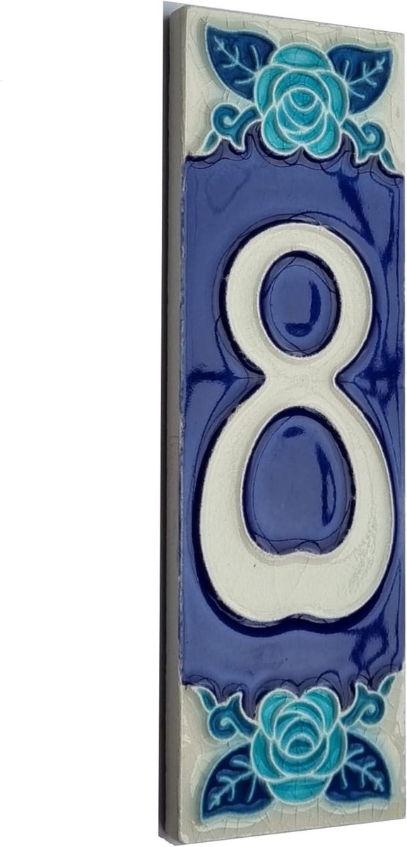 Huisnummer Tegel - Keramisch Nummer - Huis Markeren - Fosforescerend Ontwerp - 15cm x 5cm - Wit Blauw