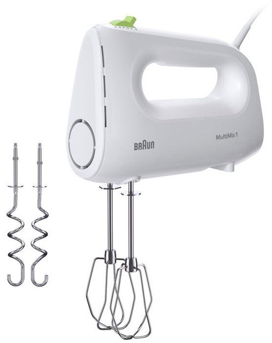 Witte Braun MultiMix 1 handmixer met twee sets kloppers en deeghaken.