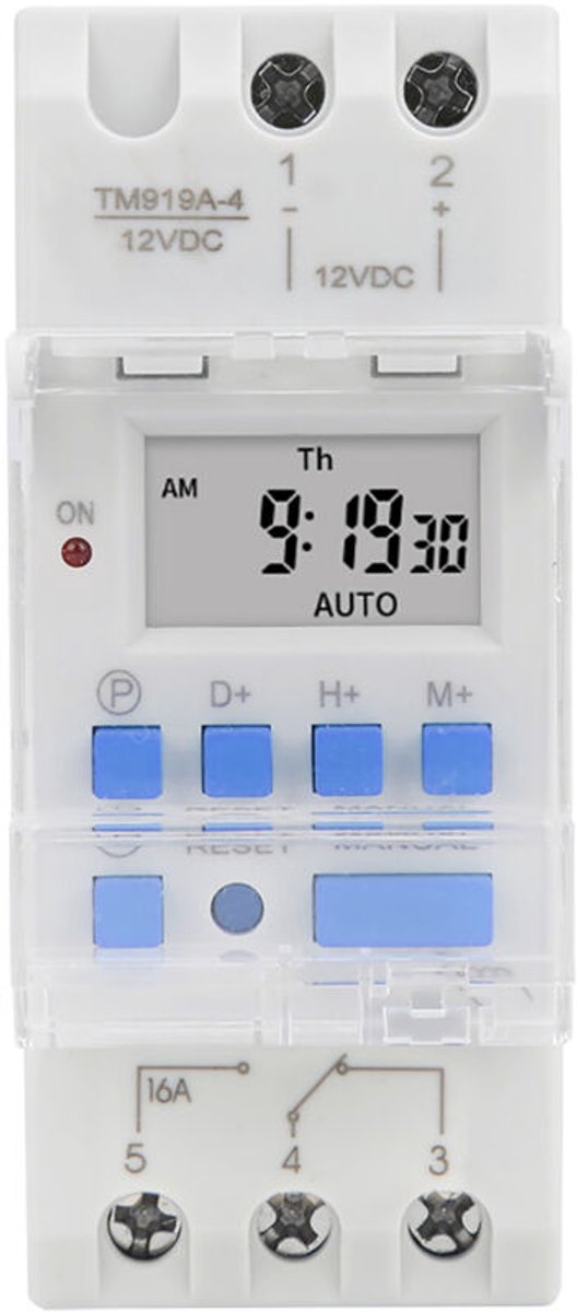 – 12V 16A weektimer – 12/24-uurs LCD-display – 16 programmeerbare aan/uit-timers – 35 mm DIN-railmontage – DC 16A