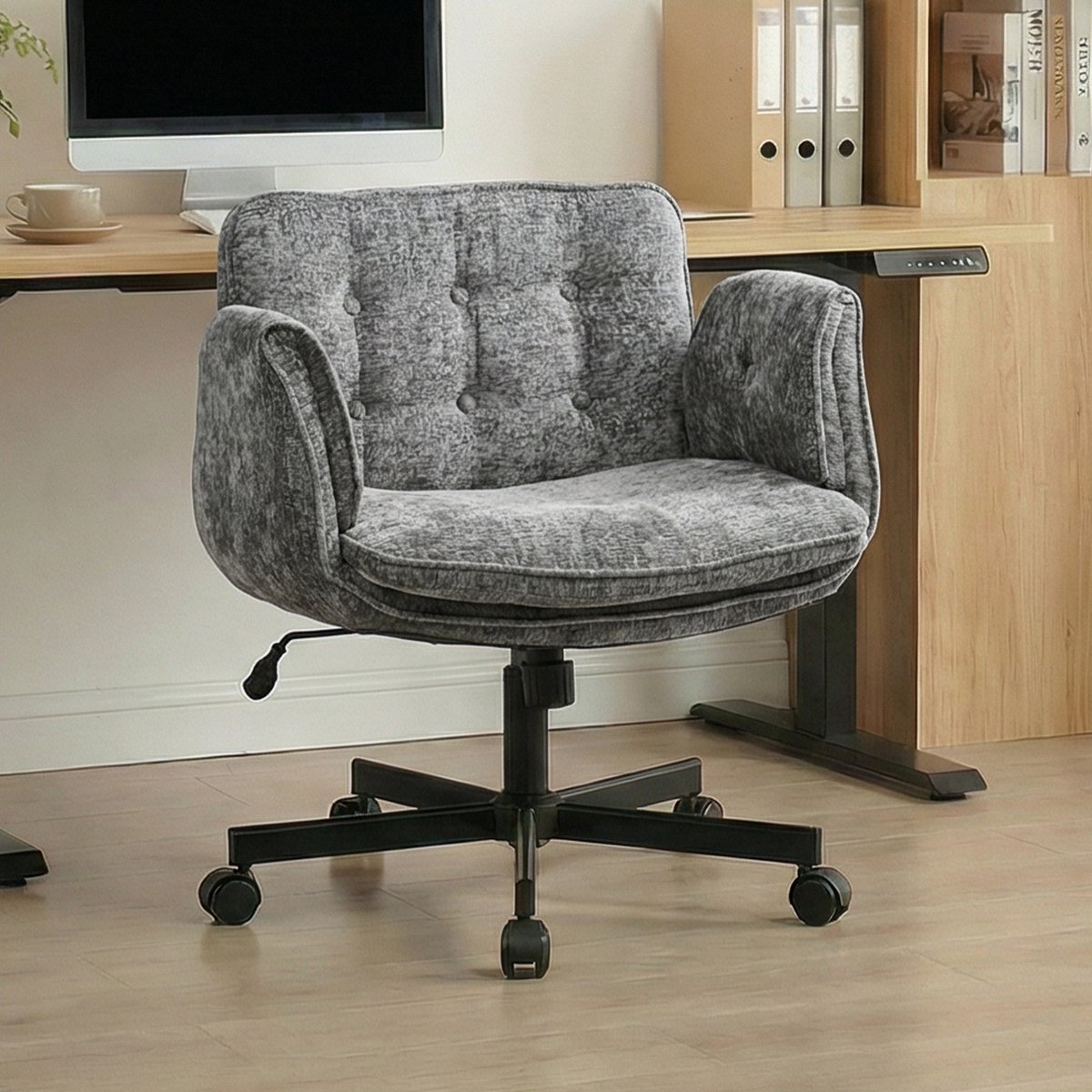 Ergonomische Bureaustoel - Fauteuilstoel - 5-Standen Verstelbare Armleuningen - Brede Zitting - Dubbel Memory Foam - Verstelbare Rugleuning - 360° Draaibaar en Hoogte Verstelbaar - Computerstoel/Studeerstoel-Donkergrijs