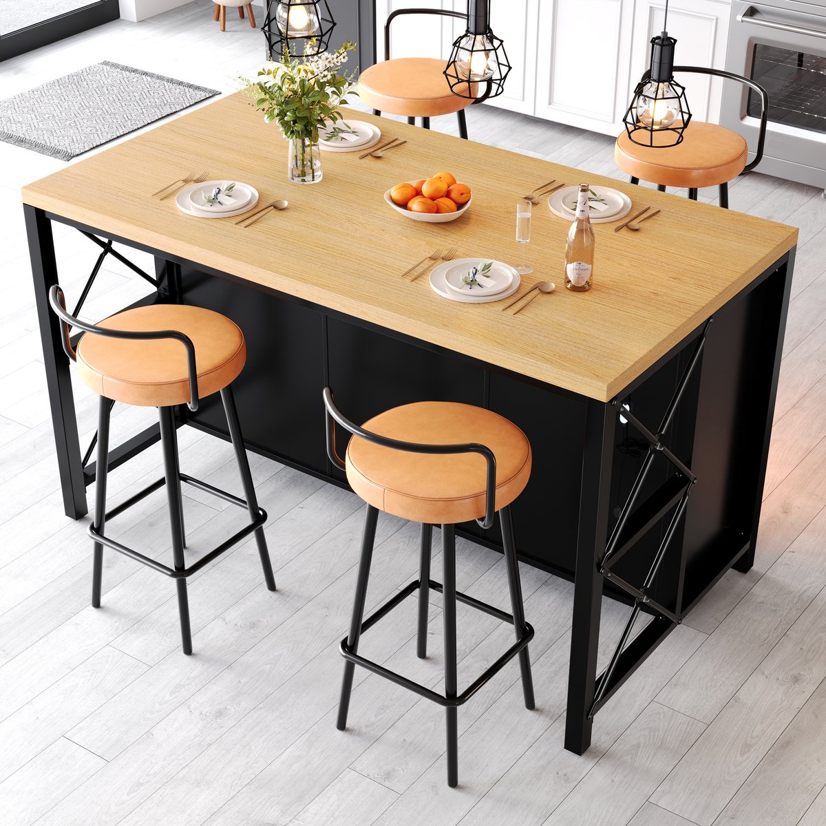 Keukenkast 3 Lades 3 Glazen Deuren 150 x 80 x 90 cm MDF Metaal Zwart Met Ledverlichting