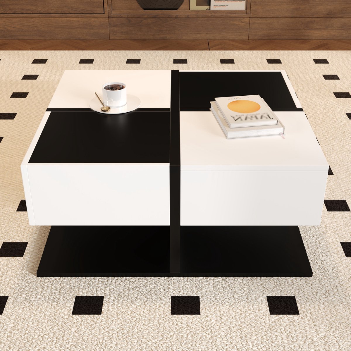 VVBV Woonkamertafel 70x70x35.5 cm - Hoogglans, 2 Lades, Opbergruimte, Voor Woonkamer, Lift-Top - Zwart/Wit