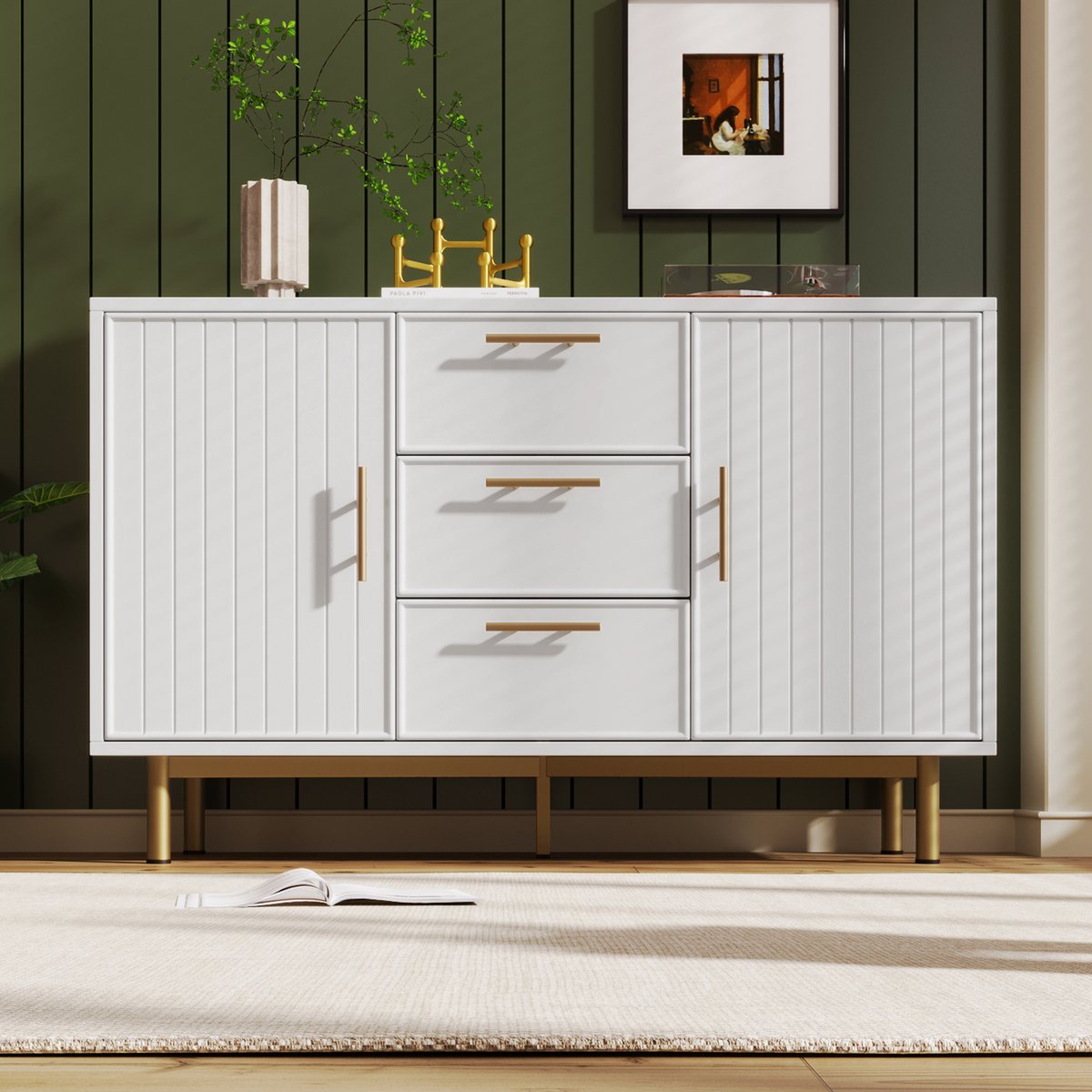 Zubaliya Kommode - 120x40x75 cm - 2 deuren & 3 laden - geribbelde fronten & gouden handgrepen - metalen sokkel Wit
