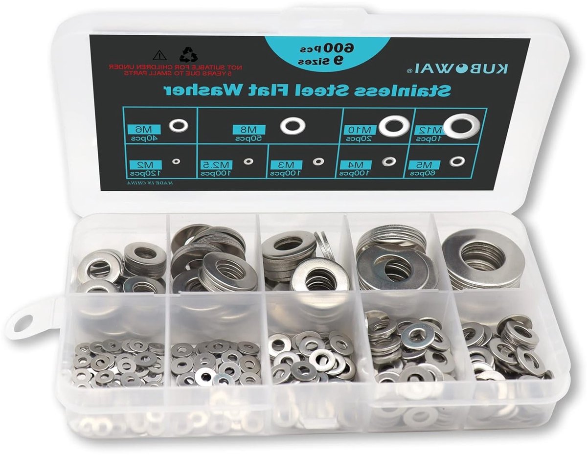 Set van 600 RVS Ringetjes, Blokafdichting, Diverse Platte Ringetjes met Assortimentdoos, M2 tot M12, Perfect voor Klussen en Reparaties