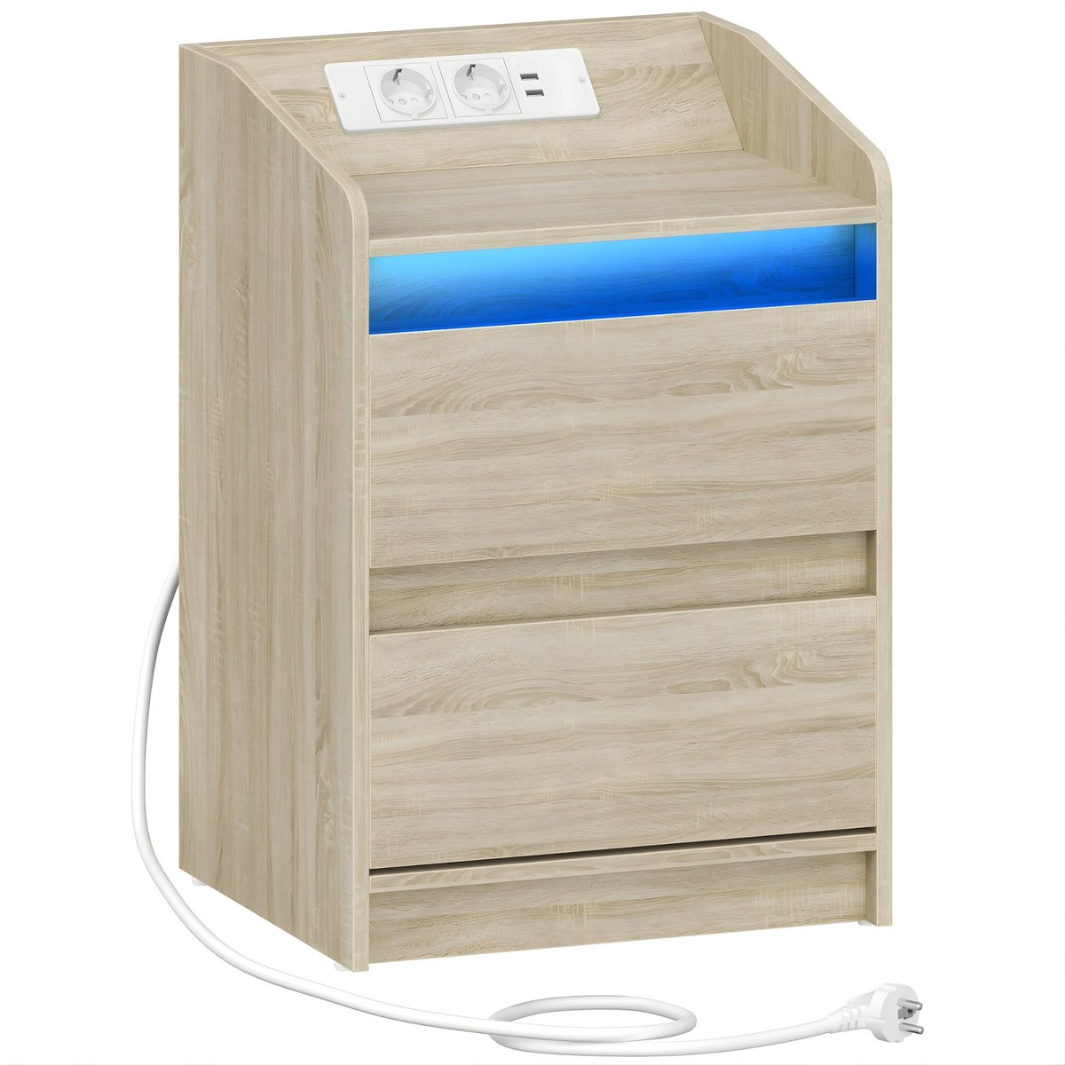 Happiq Nachtkastjes – Voor Slaapkamer – Bijzettafels met LED-Verlichting, Oplaadstation, USB & Stopcontact en 2 Lades – Modern Design Wood
