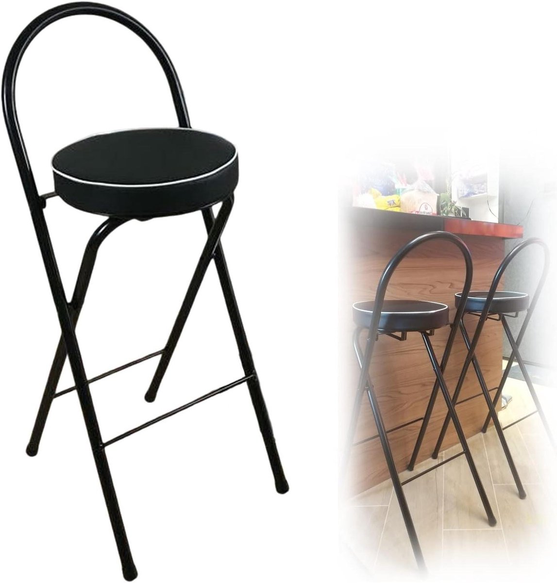 Inklapbare barkruk - Hoge stoel - Ontbijt keuken - Met rugleuning - 75cm - Zwart