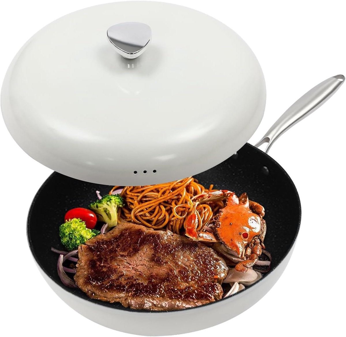 Wokpan met Deksel - Kookpan Koekenpan - Gezond Koken - Maifan Steencoating - 32 x 12 cm - Wit