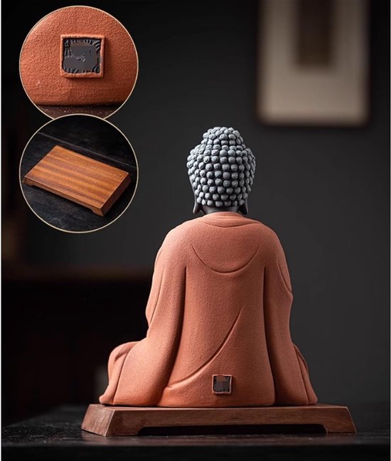 Boeddhabeeld - Zittend beeldje - Huisdecoratie - Met houten basis - 30 centimeter - A — afbeelding 4