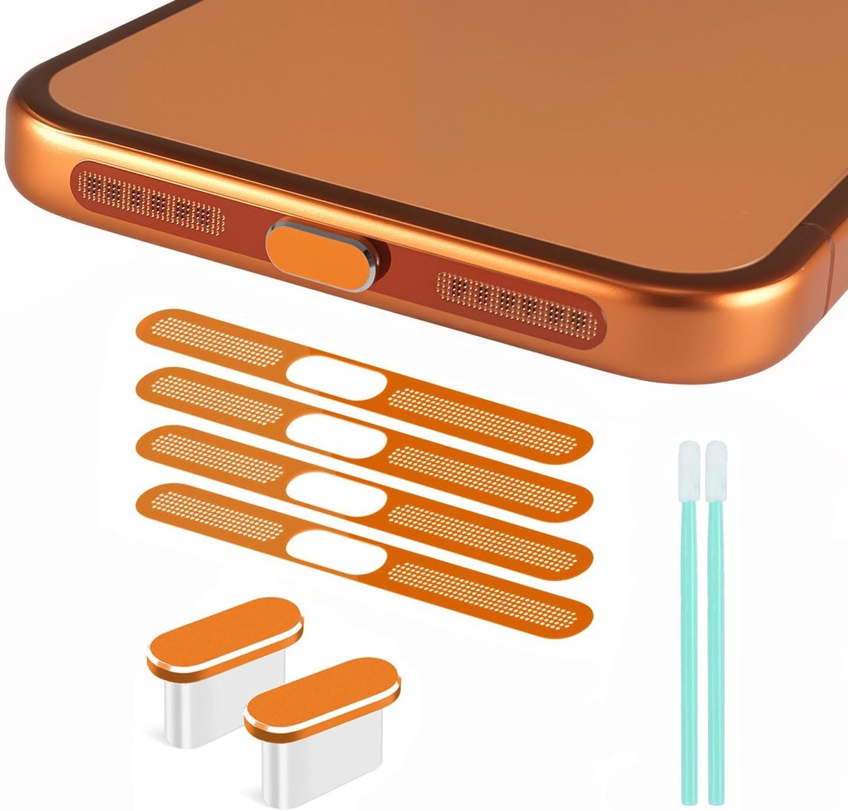 Stofbescherming voor USB-C Poorten, USB-C Stekkerbescherming en Speaker Bescherming - Geschikt voor iPhone 17 Pro Max - Oranje, 3 Stuks