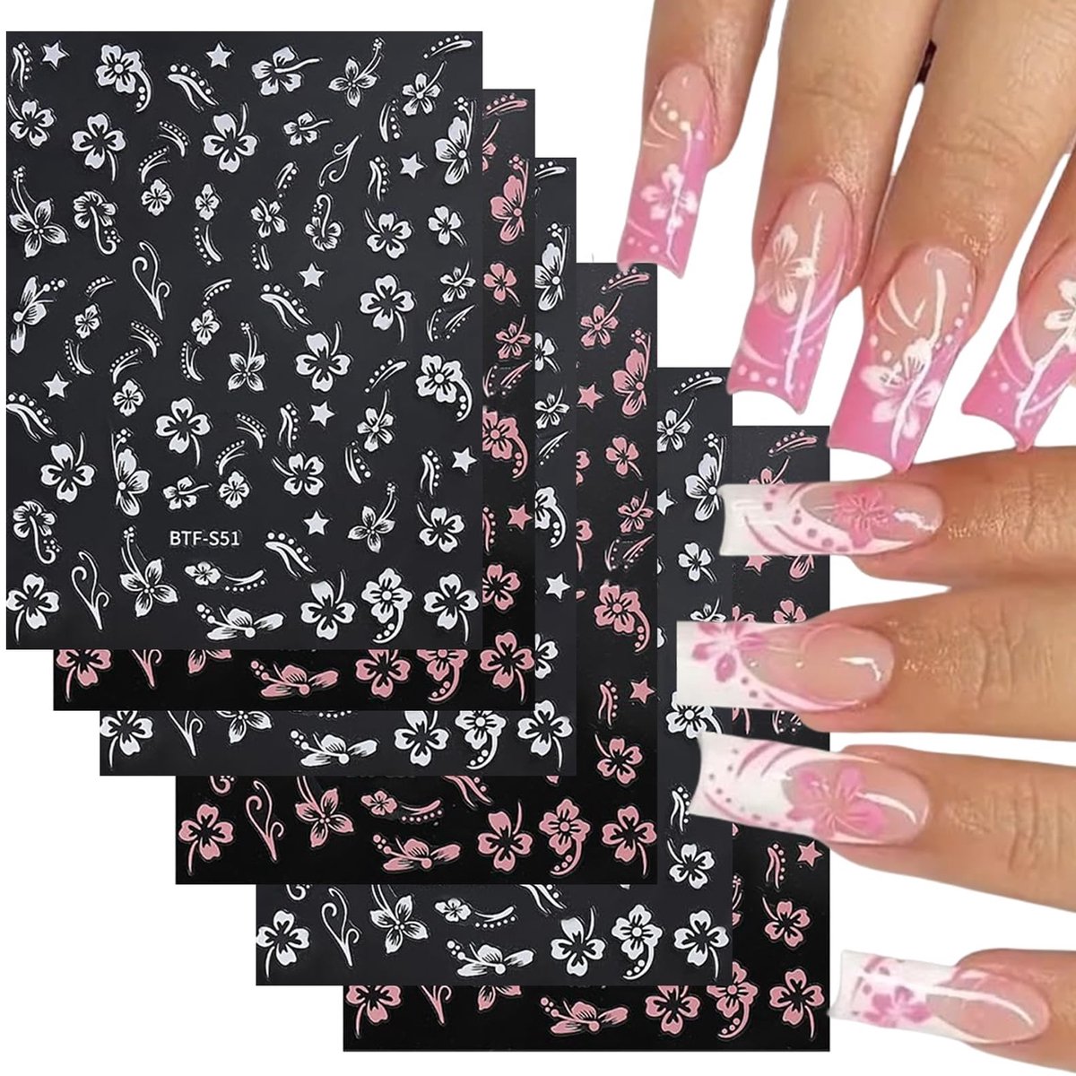 Dailygoods - Dailygoody - Set van 6 nagelstickers - Hibiscusbloemen - Decoratief en trendy - Wit en rozen - Nagelversiering - Voor elke gelegenheid - Perfect voor