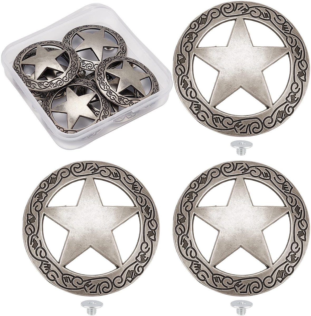 Dailygoods - Dailygoody - Decoratieve Knoppen - Vintage Zilver - Gegraveerde Ster Concho - DIY Lederen Craft - Western Rodeo - 6 Sets