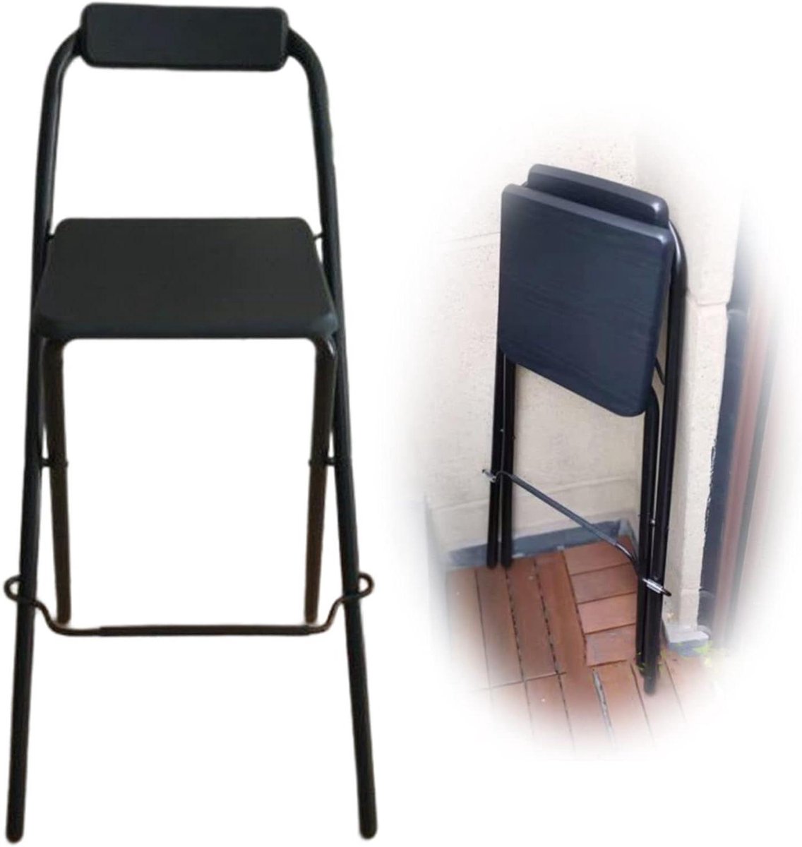 Klapbare Barkruk - Hoge stoel - Ruimtebesparend Zitten - Met rugleuning - 75 cm hoog - Zwart