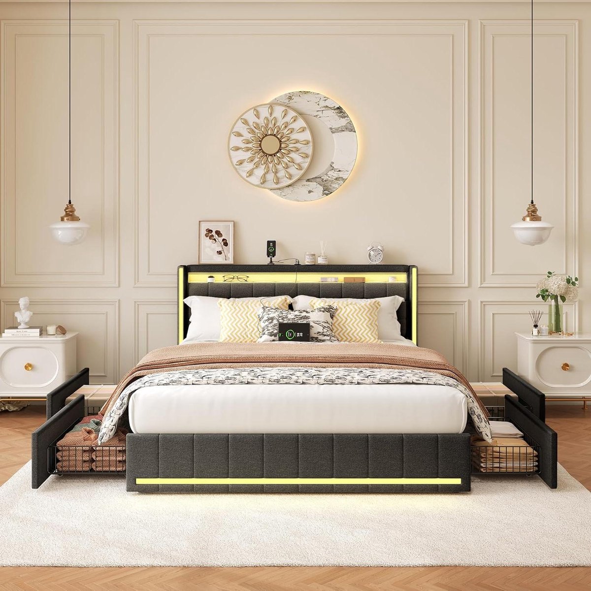 Gestoffeerd Bed - Ladenbak Bed - Opbergen Slaapkamer - Geïntegreerde USB - 140 x 200 cm - Grijs