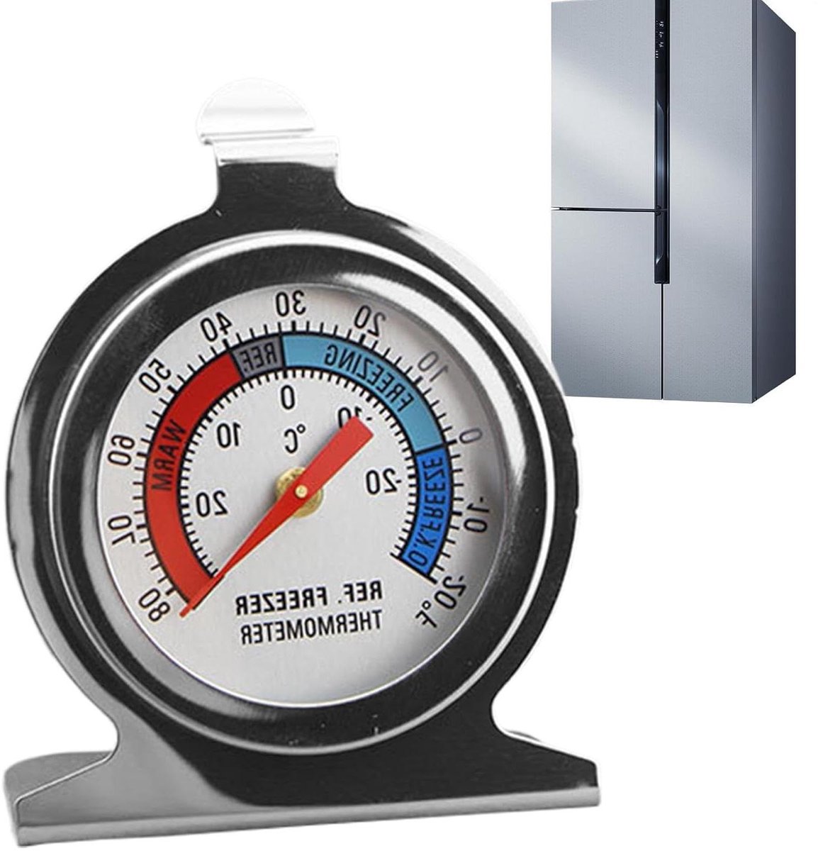 Koelkastthermometer Staand - Analoge Temperatuurmeter - Temperatuur Bewaken - Roestvrij Staal - 6 Centimeter - Meerkleurig