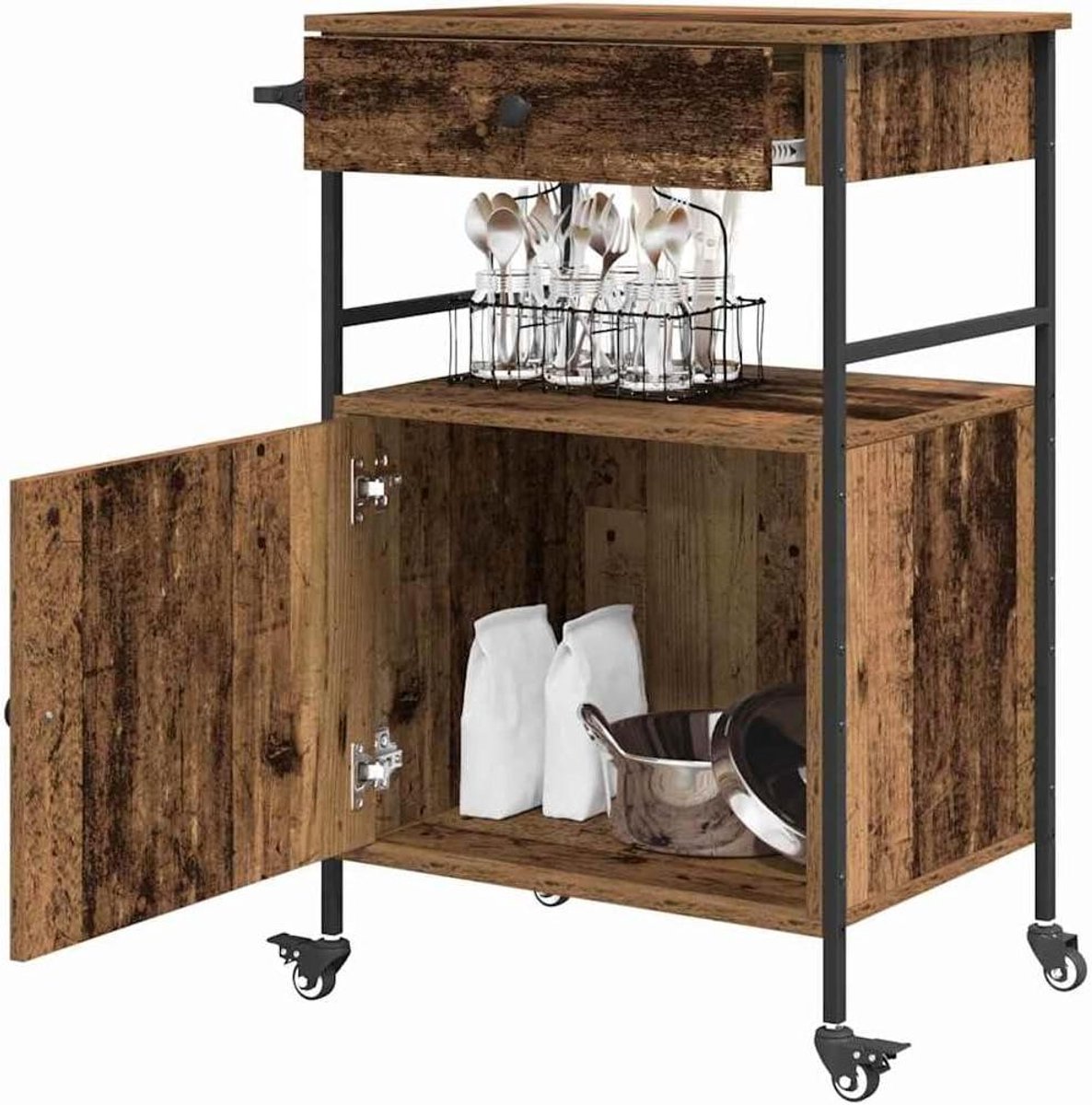 Keuken Trolley - Serveertafel - Keuken Opslag - Met Lade Kast - 56x43x89.5 cm - Oud Hout