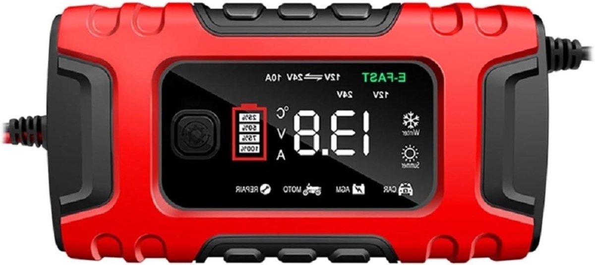 Auto Batterij Oplader - Slimme Lader - Voertuig Accu Onderhoud - 7-Stage Puls Reparatie - 10A Digitaal - Rood