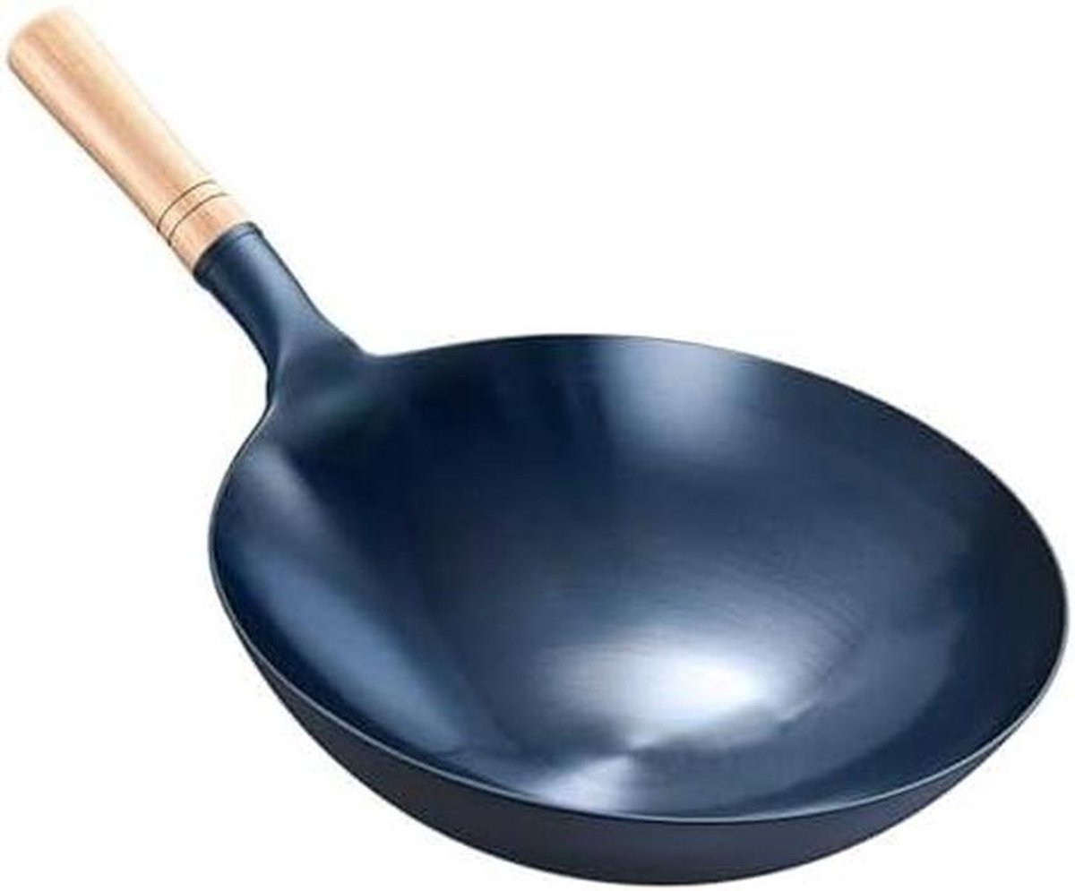 Koolstofstalen Wokpan - Handgehamerd Kookgerei - Culinaire Creaties - Universele Kookplaat Compatibel - 13.4 Inch - Zwart