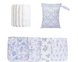 Herbruikbare stoffen luiers, wasbare luiers voor baby | Verstelbare baby luiers herbruikbaar | 4x absorberende voeringen met 4 inzetstukken en 1 natte tas, waterdichte deksel voor peuter jongensmeisje