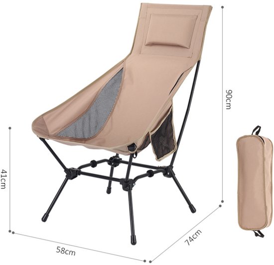 Verstelbare Campingstoel - Hoge Rugleuning met Hoofdkussen - 2 Hoogte-instellingen (90cm & 75cm) - Incl opberghoes - 58 x 74 x 90 cm - Max 120kg - Khaki — afbeelding 5