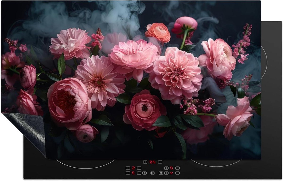 Inductie Beschermer - Kookplaat Mat - Extra Werkruimte - Unieke Foto Print - 83x51 cm - Bloemen Roze