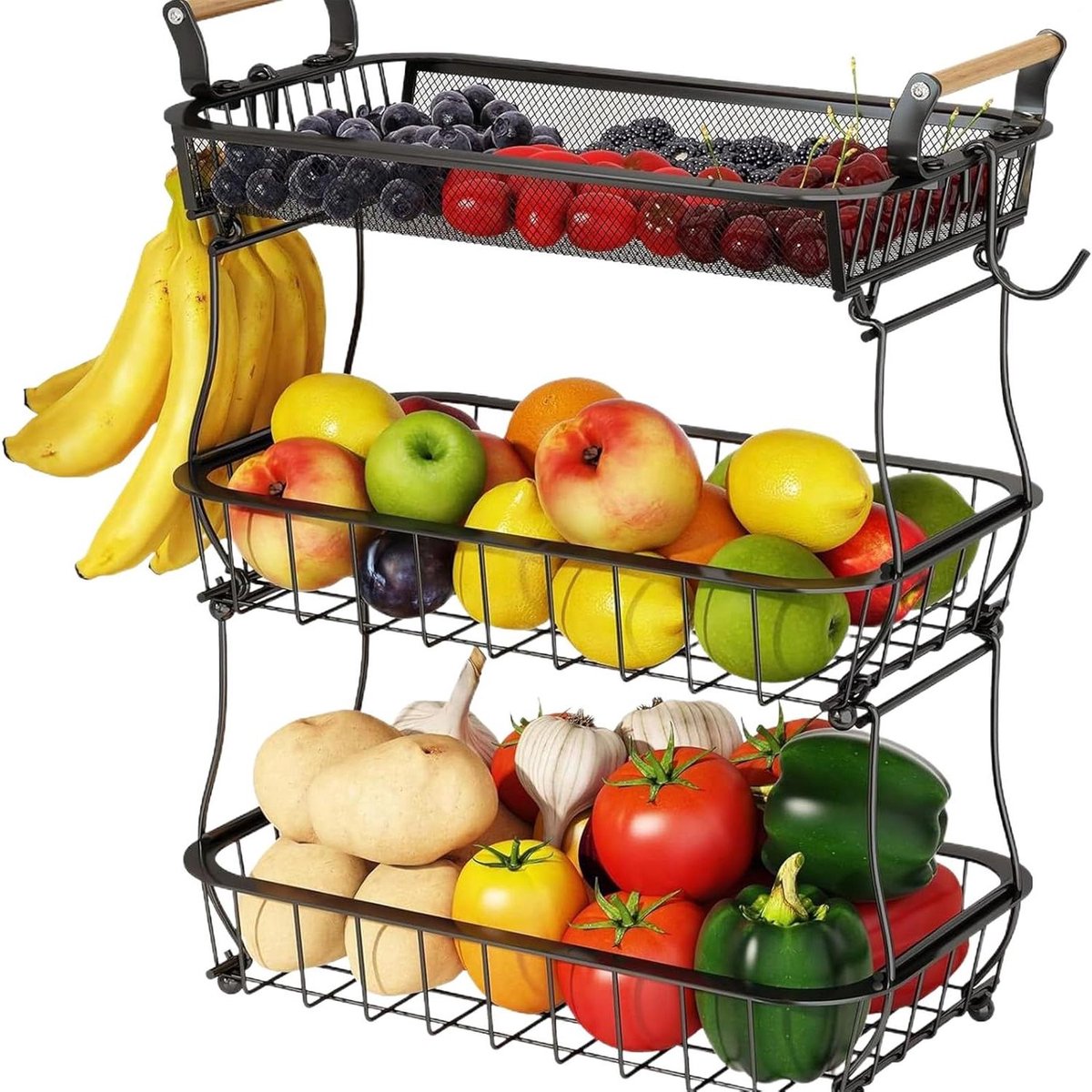 Fruitmand - Opbergrek - Keuken Organiseren - Met Bananenhaken - 3 Lagen - Zwart