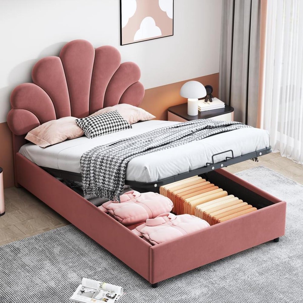 Upholstered bed 90 x 200 cm, hydraulic storage bed (pink, 90 x 200 cm)