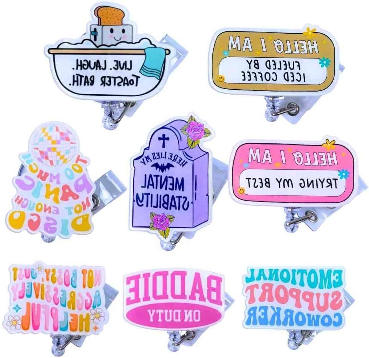 Badge Houders - ID Clips - Identificatie Tonen - Grappige Designs - 8 Stuks - Multicolor