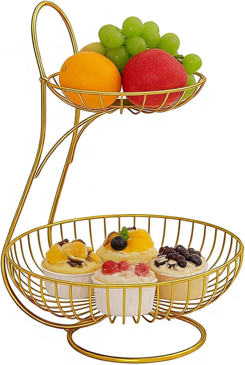 Draad fruitmand - Snack organizer - Aanrecht opslag - Dubbellaags ontwerp - 26x26x37 cm - Goud