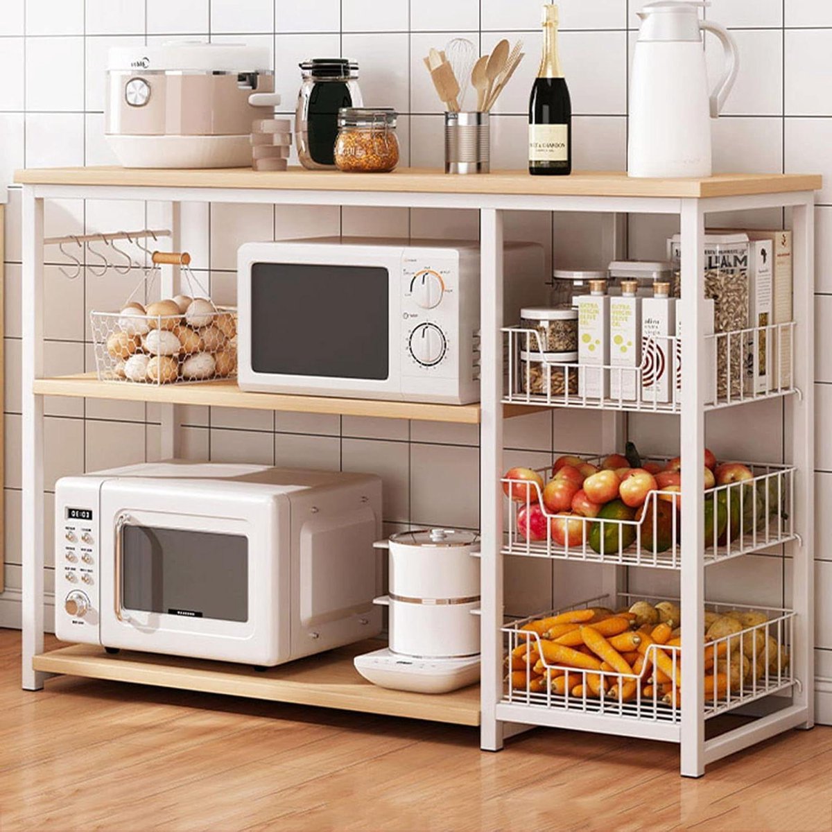 Metalen Magnetron Stand - Keukenrek Trolley - Keuken Organisatie - Massief Hout Werkblad - 100cm Hoog - Zwart