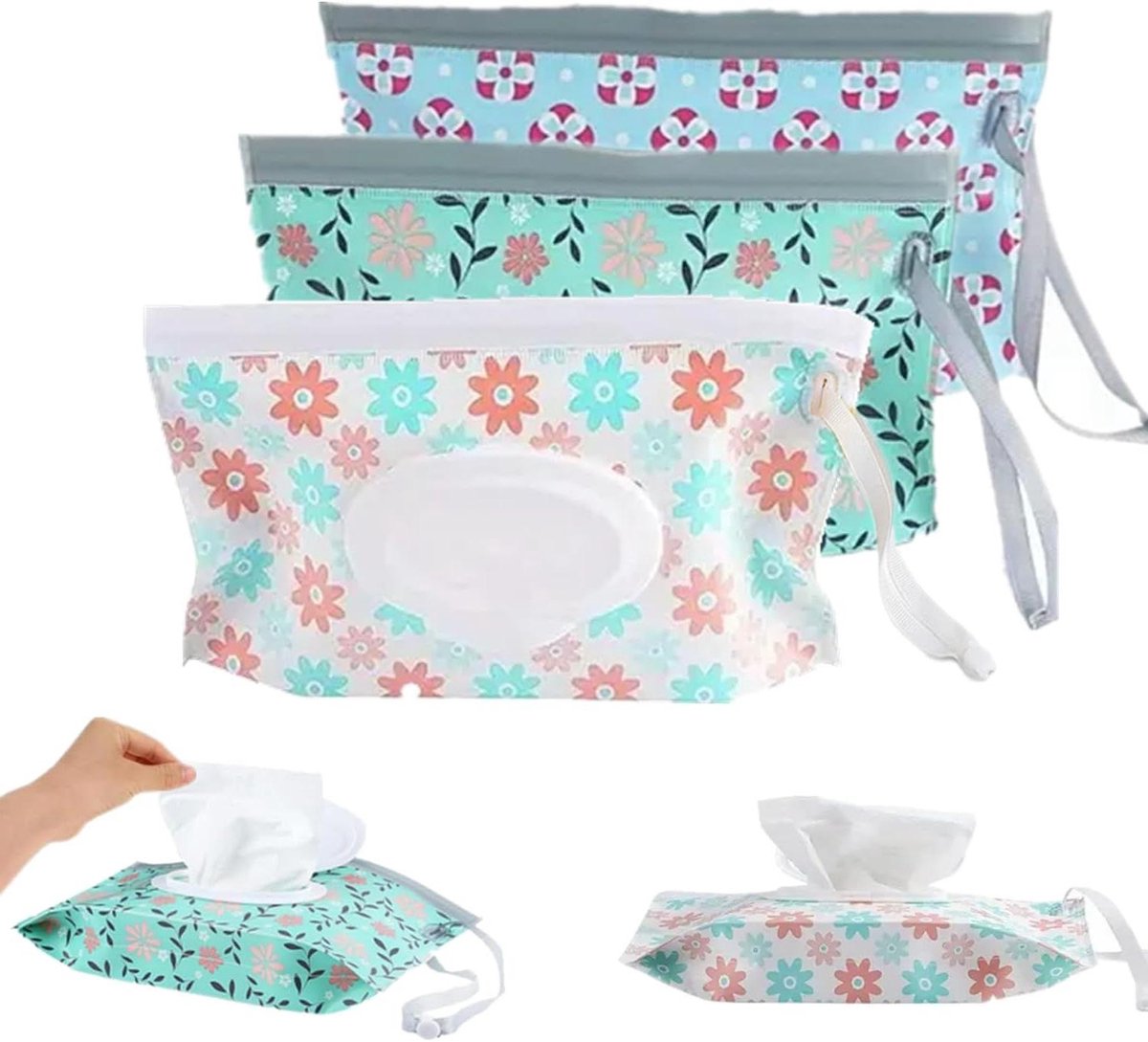 Babydoekjes Dispenser - Navulbare Zakjes - Draagbaar Reinigen - Houdt Doekjes Vochtig - 3 Stuks - Bloemenprint