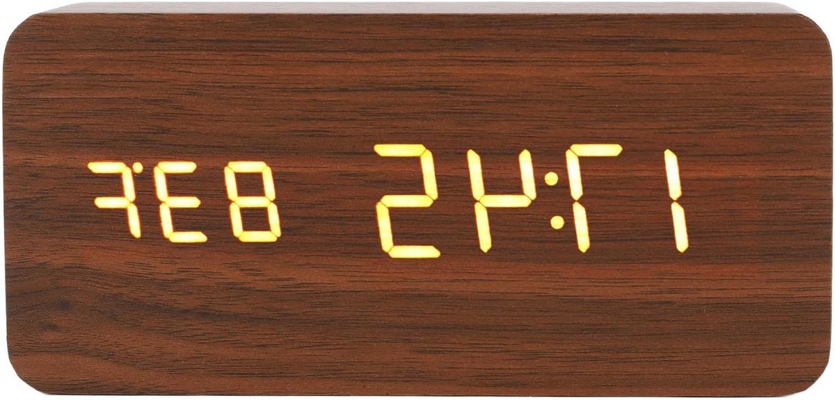 Eenvoudige LED-houten Digitale Wekker met Breedbeeldscherm, Bureauklok voor Slaapkamerkantoor, 3 Helderheidsniveaus, DC 5V, Bruin