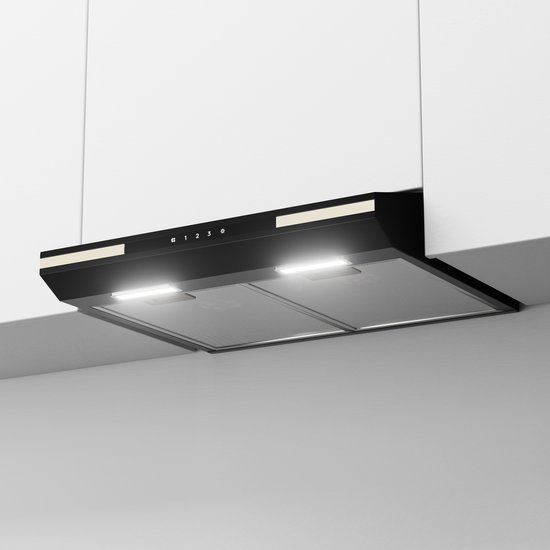 Zwarte onderbouw afzuigkap met LED-verlichting en touchbediening.