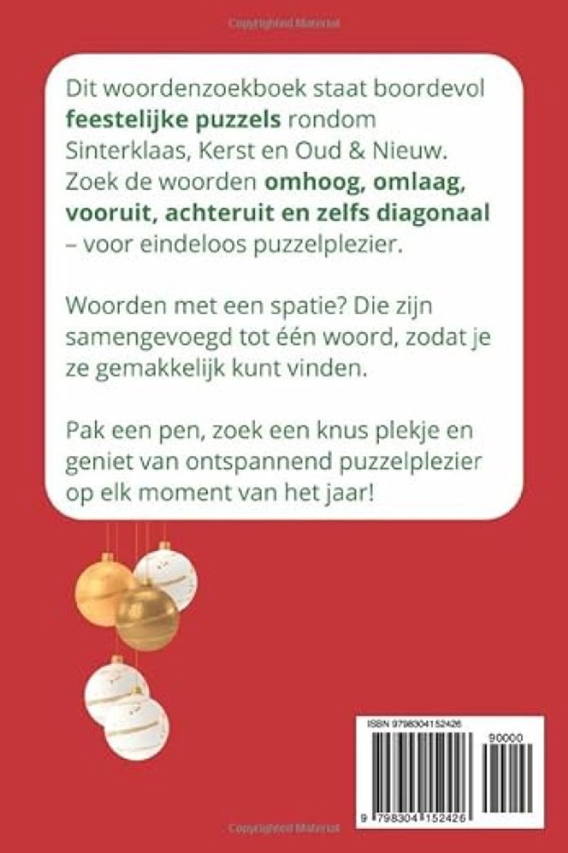 Feestdagen Woordenzoek Puzzelboek - 46 puzzels over Sinterklaas, Kerst en Oud & Nieuw