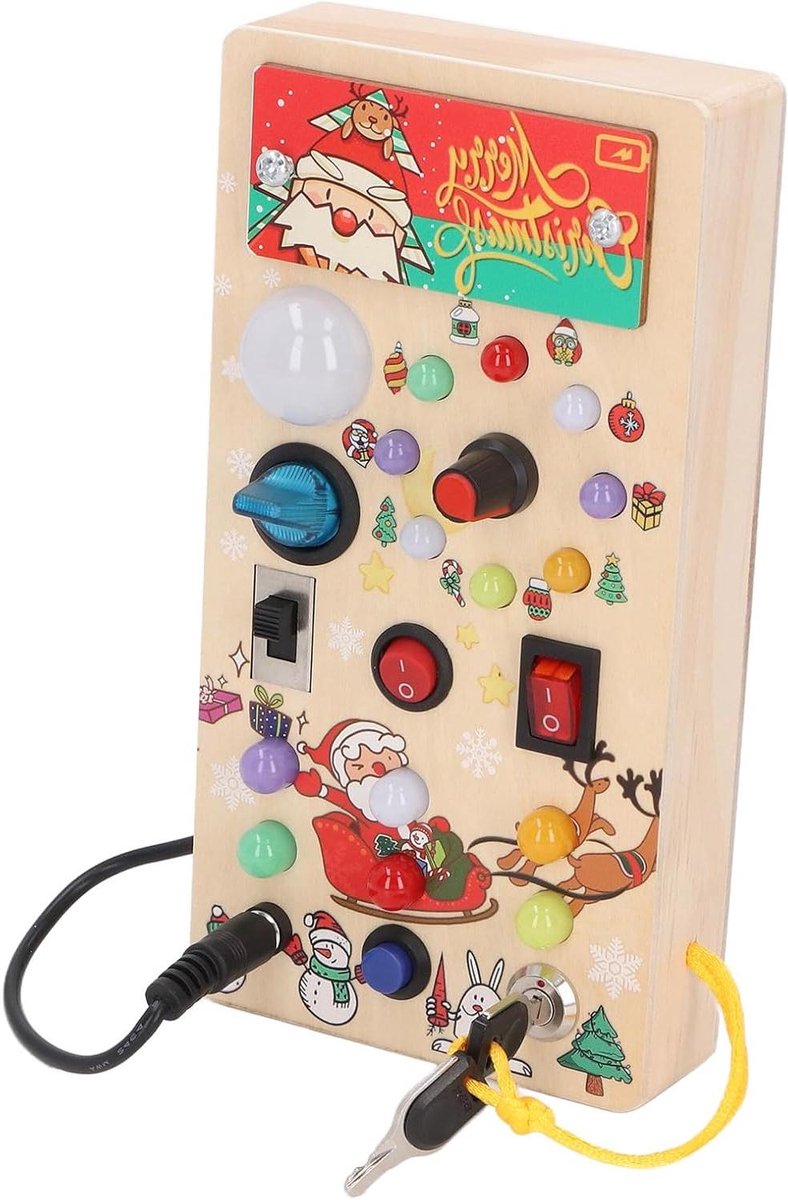 Houten Activiteitenbord - Zintuiglijk Speelgoed - Vroege Ontwikkeling - 8 LED-lichtschakelaars - 23 x 12 x 5 cm - Natuurlijk Hout