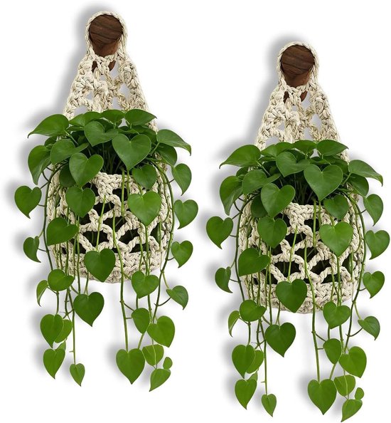 Macrame Plantenhangers - 2 stuks - Boho Katoen Hangpot - Hangende Bloempot met Kralen - Macramé Touw/Koord Hangplant Houder - Bohemian Wandhanger Decoratie - Plant Hanger - Verticale Tuin Bloempothouder Planthanger - Voor Binnen/Buiten - Wit