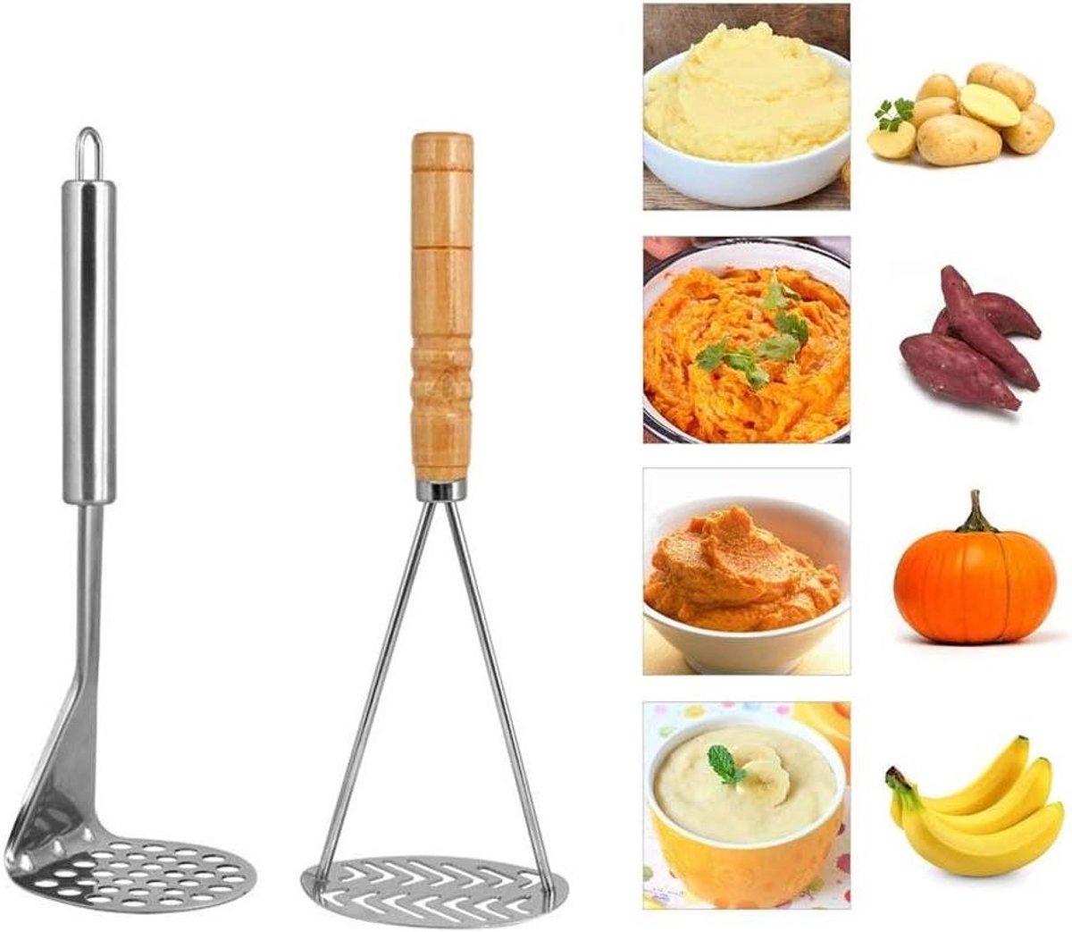 Aardappelstamper Set - Keukenstamper - Eten Bereiden - Ergonomisch Handvat - 2 Stuks - Zilver