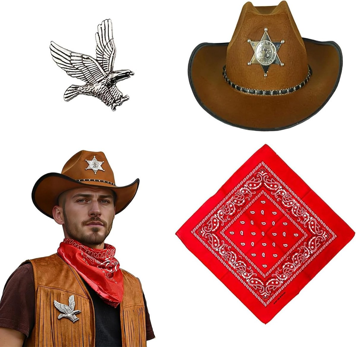 Cowboy Kostuum Accessoires Set voor Halloween en Cosplay, Inclusief Hoed, Bandana en Broche, Perfect voor Western Themafeesten