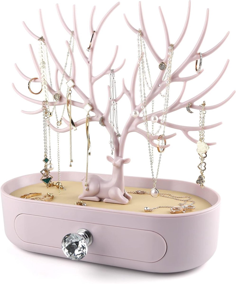 Sieradenhouder met Lades en Kristallen Handvat, Boomvormige Organizer voor Ringen, Oorbellen en Armbanden