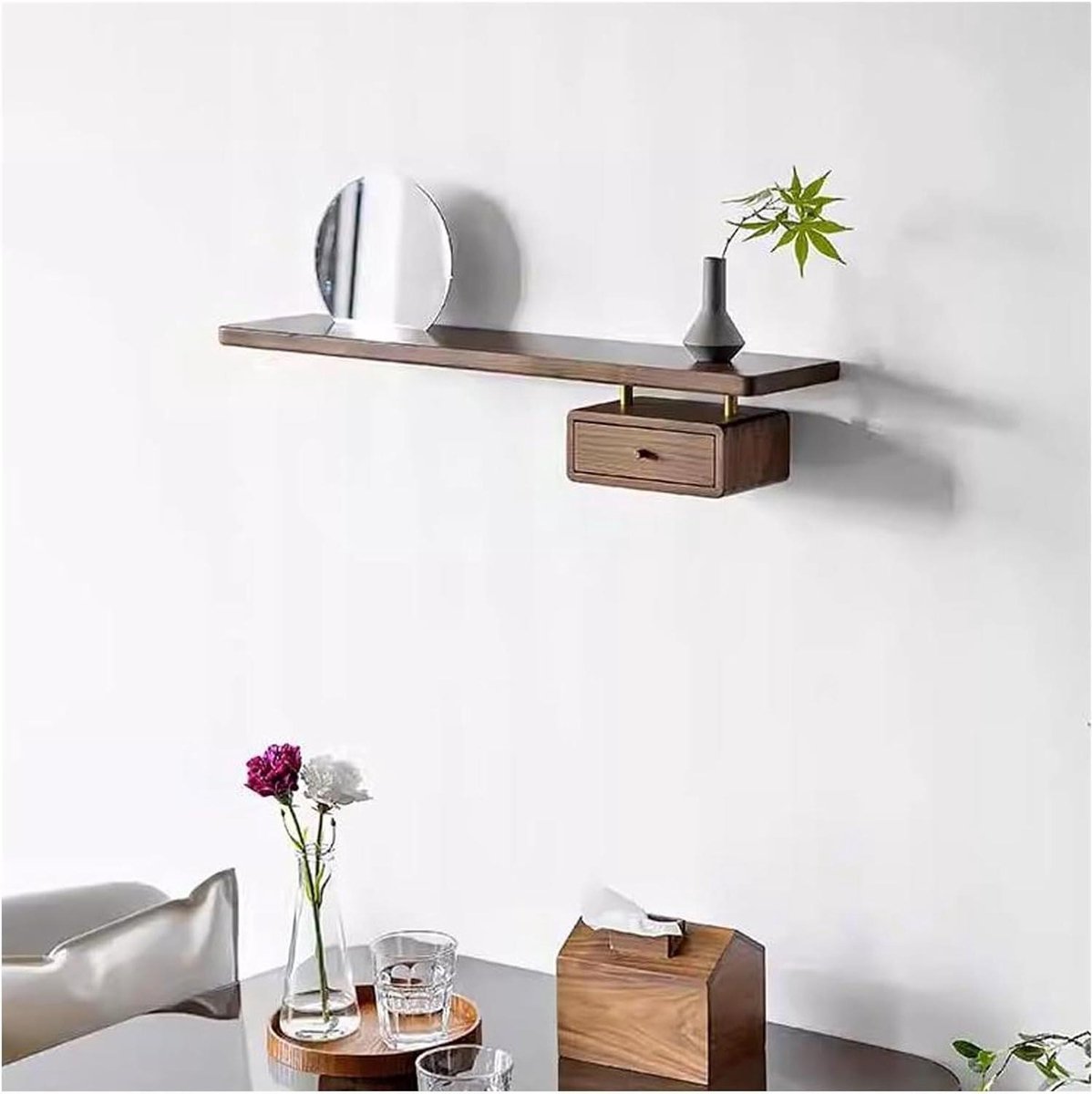 Zwevende Planken - Wandplanken Hout - Decoratie en Opslag - Met Lade en Spiegel - 65 x 16 
