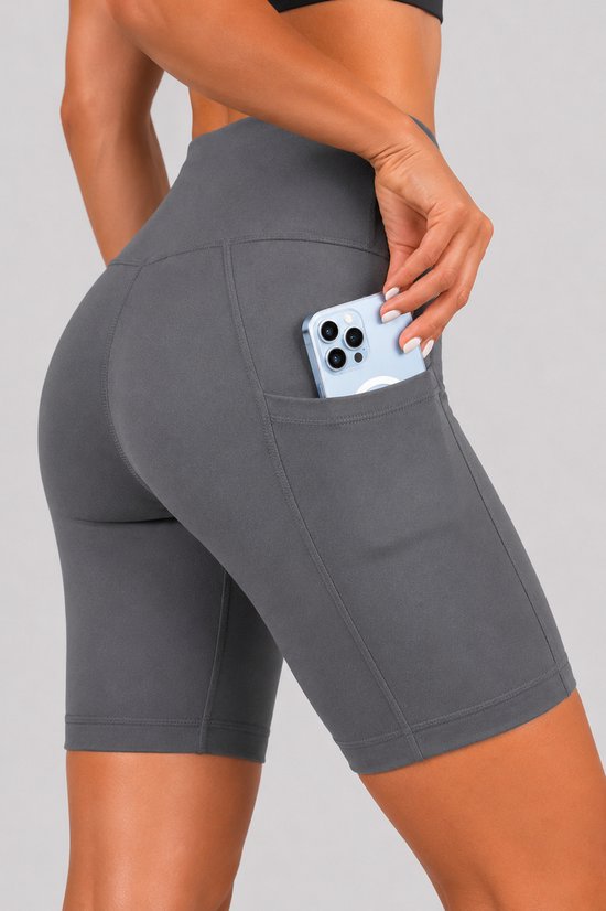 SparkNine Softflow korte sportbroek - met zakken - zachte stof - M - grijs - dames short - half lang - fietsshort — afbeelding 3