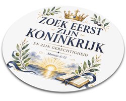 Ronde muismat christelijke quote Zoek eerst zijn koninkrijk Matteüs 6:33 aquarel illustratie met gouden kroon open bijbel en zonsopgang inspirerend cadeau voor christen thuiswerkplek decoratie