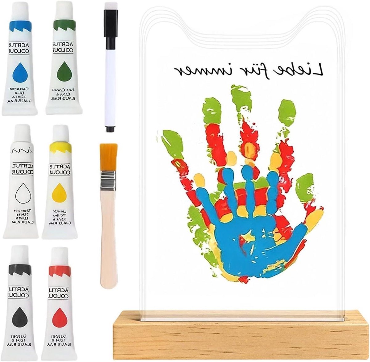 Familie Handafdruk Set - Aandenken Creaties - Herinneringen Vastleggen - Acryl Met Houten Basis - 26 x 16 cm - Helder