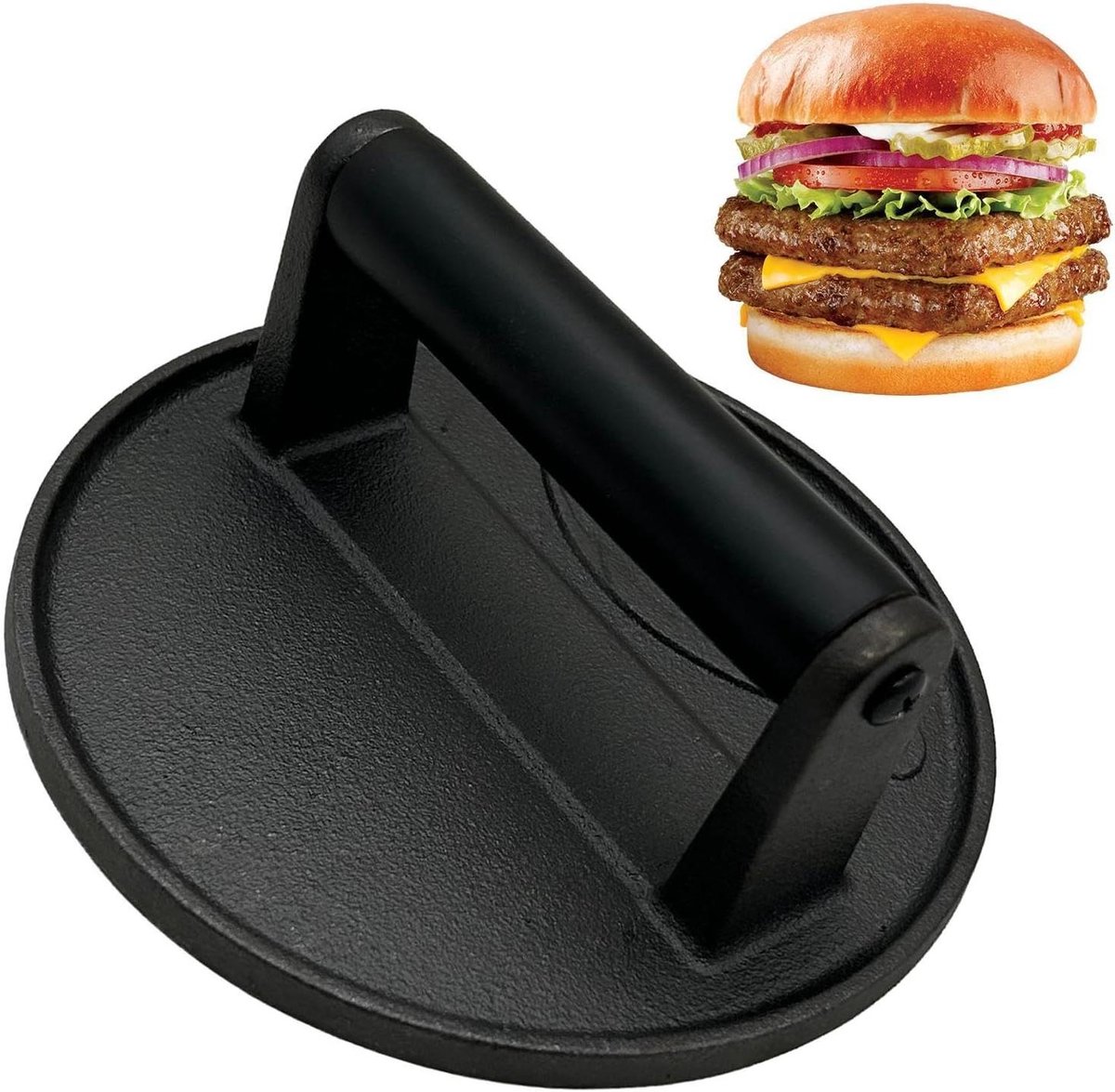 Burgerpers Gietijzer - Grillpers Keuken - Gelijkmatig Grillen - Hittebestendige Handgreep - 165 cm Diameter - Zwart